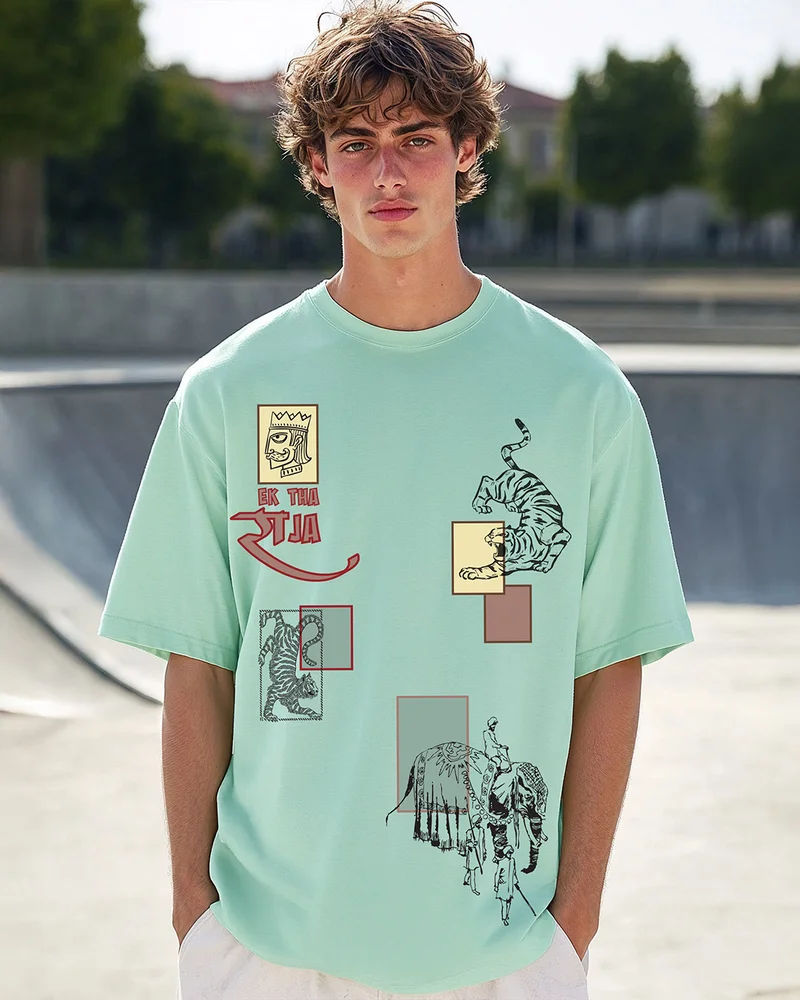 بيواكوف Men's Iceberg Green Nawaab Graphic Printed Oversized T-shirt